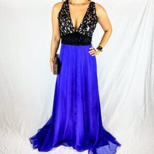 NWT Julian Joyce Mandalay Black Lace Indigo Formal Gown $895